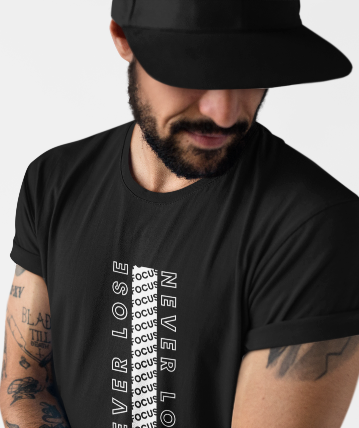 Never Lose Focus men’s round neck black tshirt